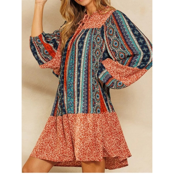 Orange blue boho multi print patchwork long balloon sleeve self tie tunic dress - Picture 2 of 6